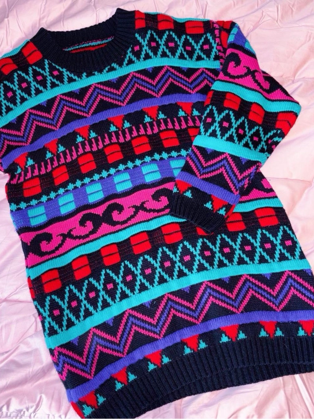 Vintage 90s Neon Geometric Chunky Knit Sweater Pink Teal Purple Retro Oversized